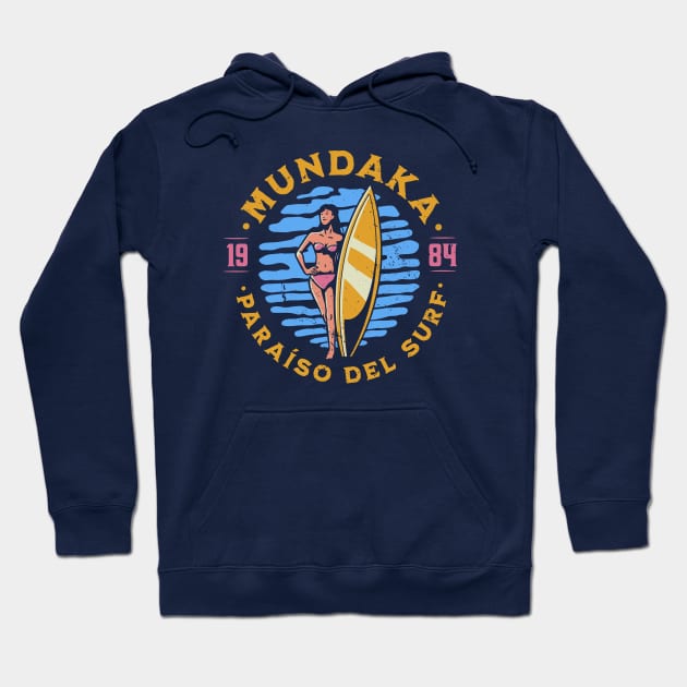 Vintage Mundaka, Spain Surfer's Paradise // Retro Surfing 1980s Badge Hoodie by Now Boarding